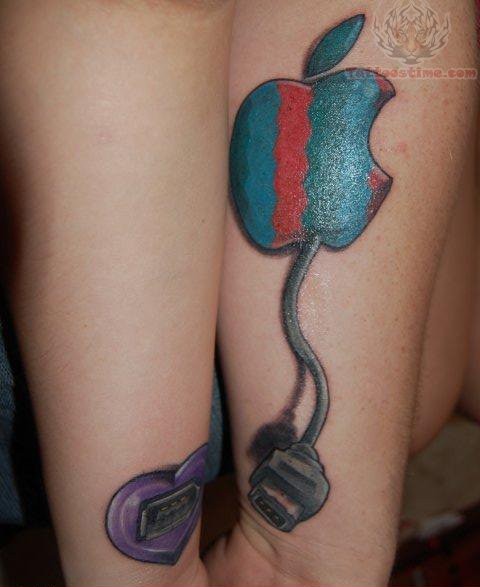 Awesome Apple Logo With Power Cable And Purple Heart Tattoo On Forearms