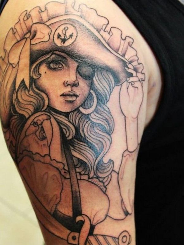 Awesome Grey Pirate Girl Tattoo On Right Half Sleeve