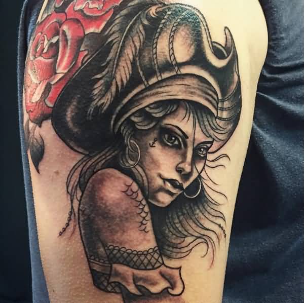 Brilliant Pirate Girl Tattoo On Right Half Sleeve