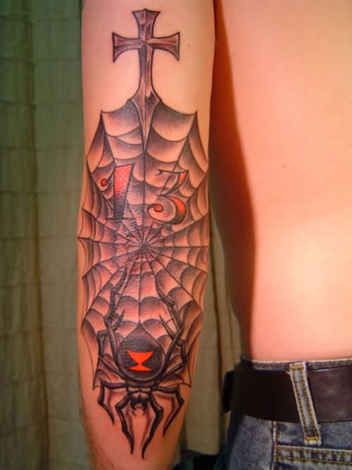 Cross And Spider Web Latrodectus Tattoo On Full Sleeve