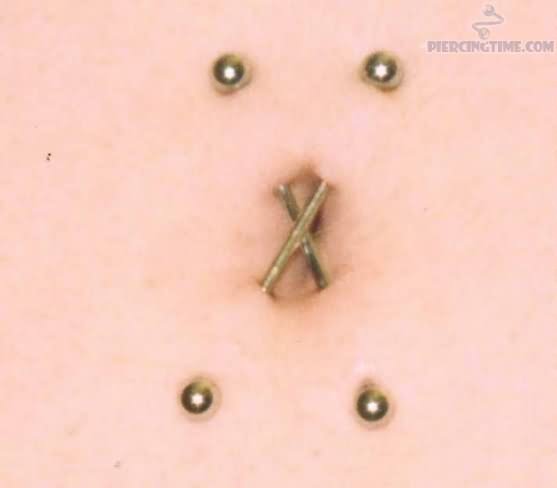 Cross Industrial Navel Piercing With Barbells