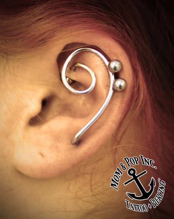 Custom Industrial Piercing On Girl Left Ear