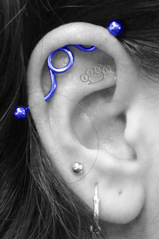 Custom Industrial Piercing With Blue Round Barbell