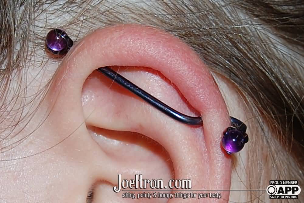 Custom Industrial Piercing With Purple Barbell