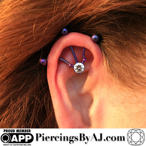 Custom Industrial Piercing With Purple Barbells