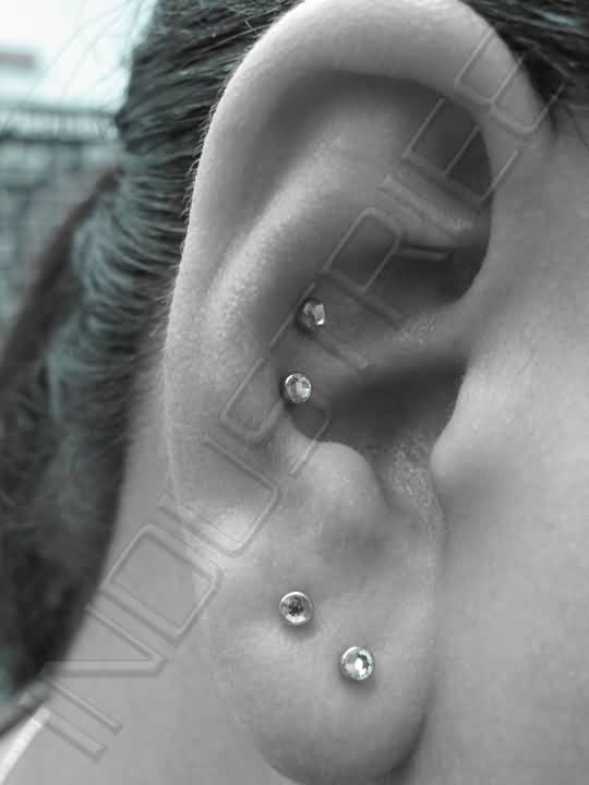 Double Conch Piercing With Gem Studs