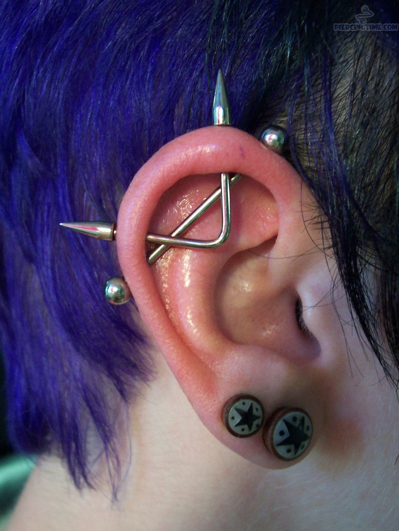 Double Lobe And Custom Industrial Piercing On Right Ear