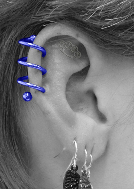 Ear Spiral Piercing With Blue Spiral Ring