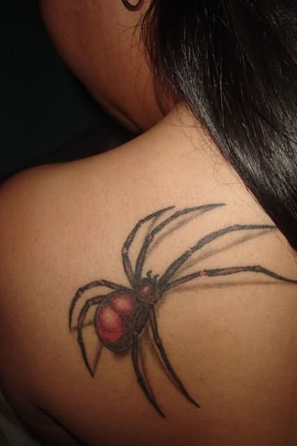 Girl Left Back Shoulder Latrodectus Tattoo For Girls