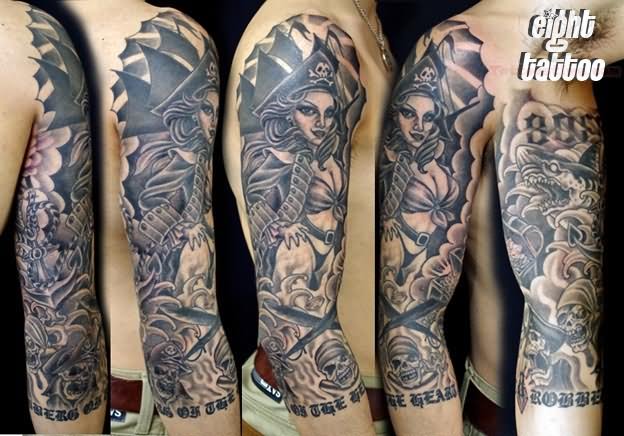 Grey Ink Pirate Girl Tattoo On Right Half Sleeve