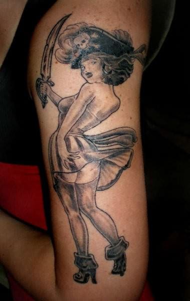 Grey Pirate Girl Tattoo On Half Sleeve