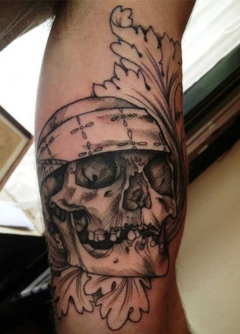 Grey Pirate Skull Tattoo On Arm By Jenzie