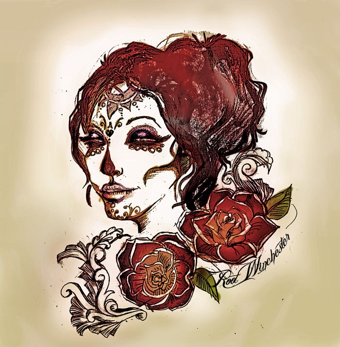 Impressive Catrina With Rose Flowers Tattoo Stencil By Sagnessalgiel