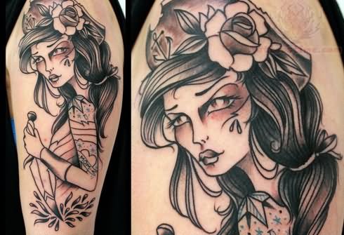 Lovely Grey Pirate Girl Tattoo On Left Half Sleeve