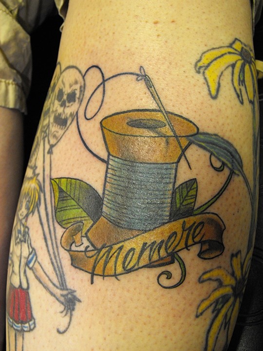 Memere Banner With Spool And Needle Tattoo