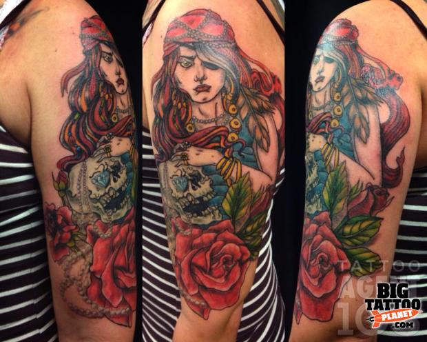 Nice Colored Pirate Girl Tattoo On Left Half Sleeve