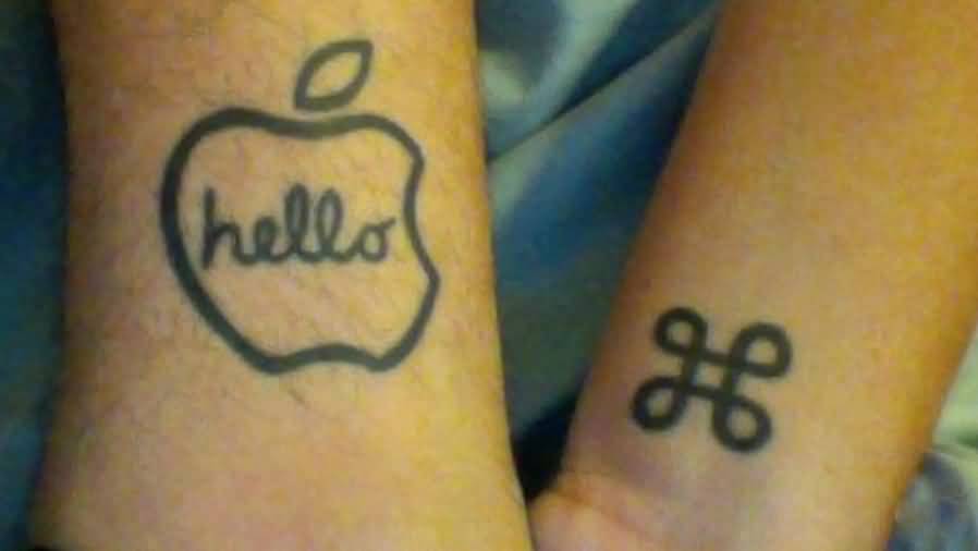 Nice Hello Apple Logo Tattoo On Wrist