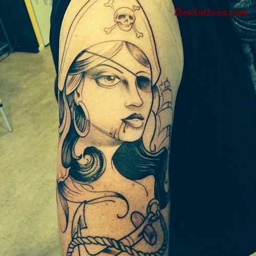 Nice Pirate Girl Tattoo On Right Half Sleeve