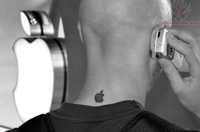 Nice Tiny Apple Logo Tattoo On Nape