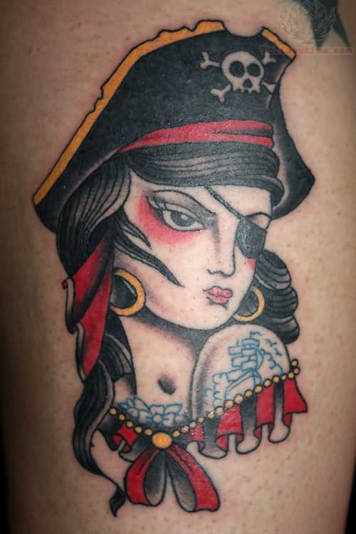 Nice Traditional Pirate Girl Tattoo