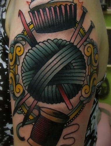 Nice Traditional Yarn Tattoo On Left Half Sleeve