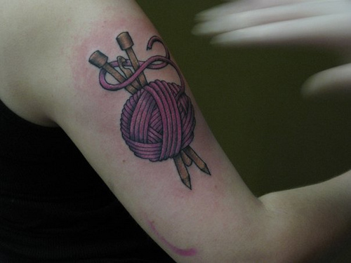 Pink Ball Of Yarn Tattoo On Right Half Sleeve By Nerdfins