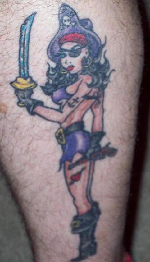 Pirate Girl Color Tattoo On Leg