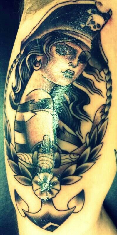 Pirate Girl In Rope Circle Traditional Tattoo