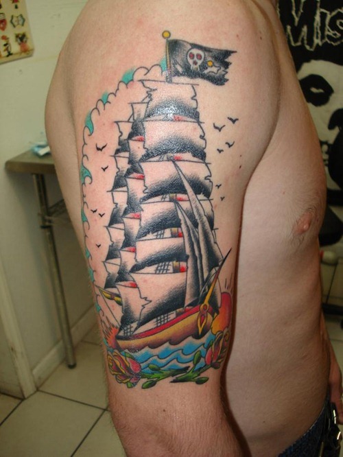 Pirate Ship And Birds Traditional Tattoo On Right Half Sleeve