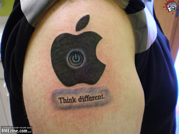 Power Button On Iphone Apple Logo Tattoo On Right Shoulder