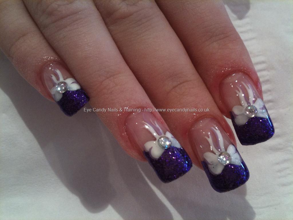 Purple Glitter Tip With White Bow Design Nail Art