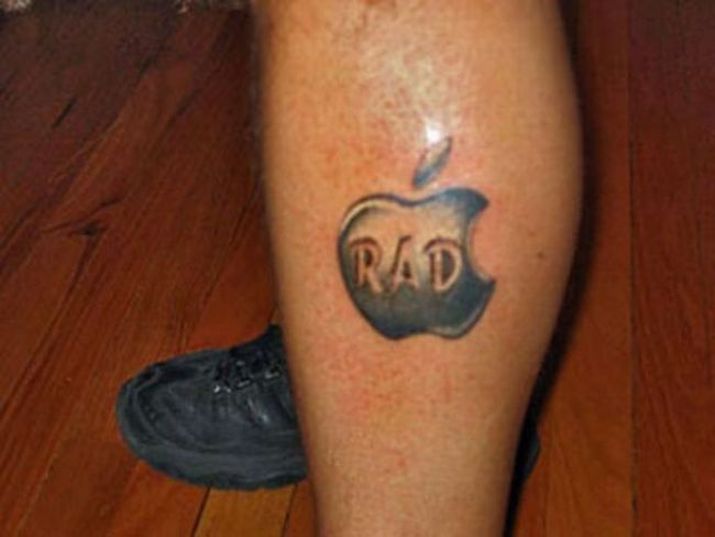 Rad Apple Logo Tattoo On Leg