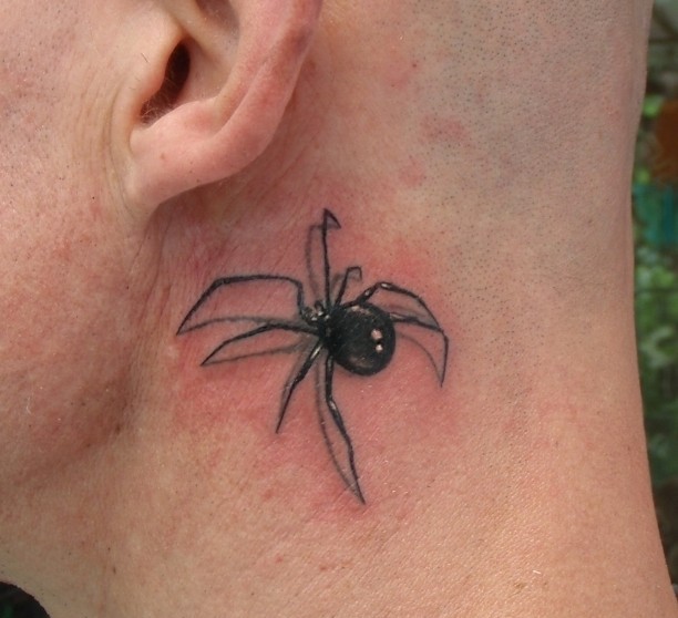 Realistic Black Latrodectus Spider Tattoo On Side Neck