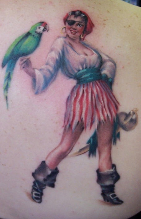 Realistic Pirate Girl With Parrot Tattoo