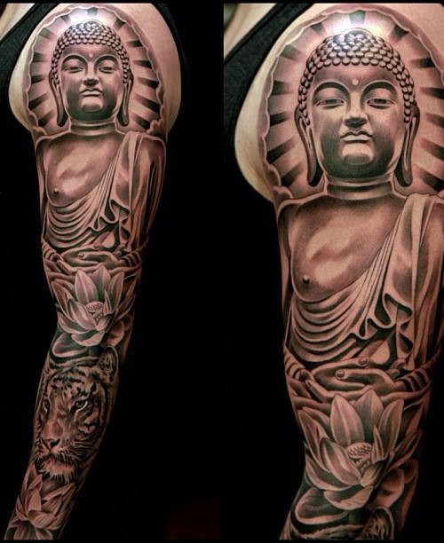 Spiritual Theme Buddha Tattoo On Left Full Sleeve