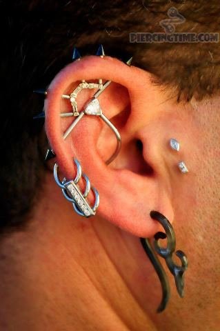 Surface Tragus And Custom Industrial Piercing On Right Ear