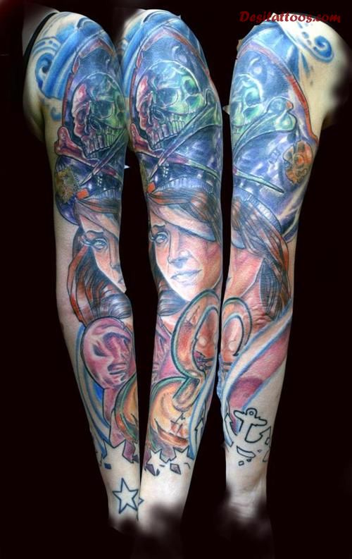 Terrific Pirate Girl Full Sleeve Tattoo