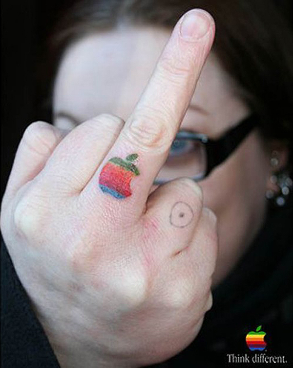 Tiny Colorful Apple Logo Tattoo On Finger