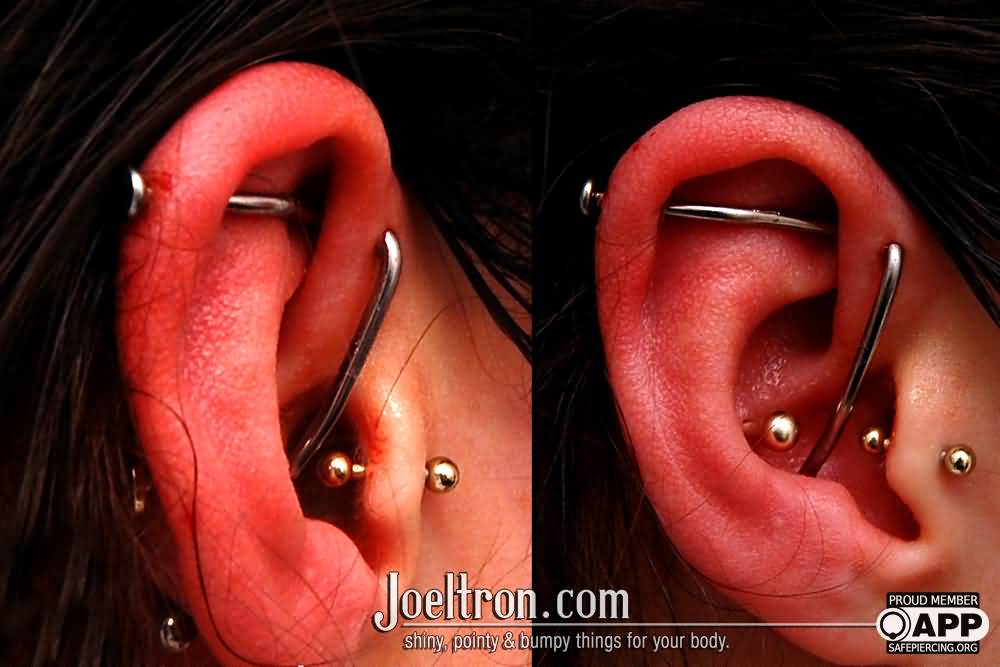 Tragus And Custom Industrial Piercing On Girl Right Ear