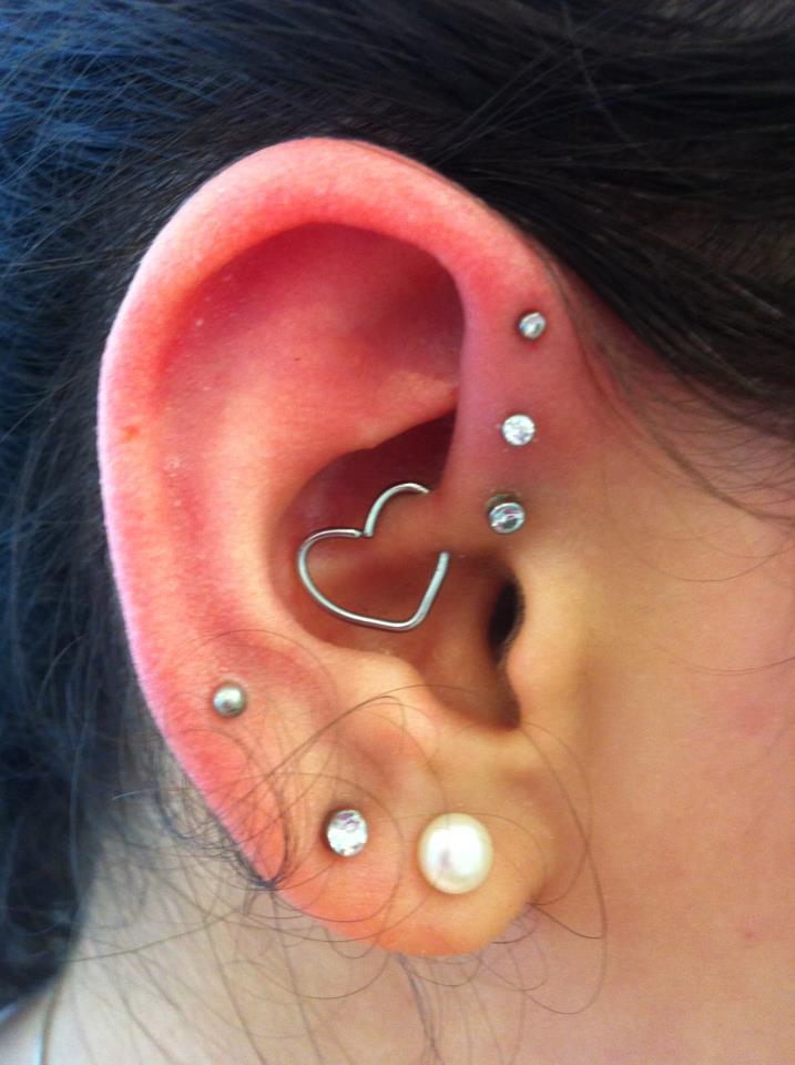 Triple Forward Helix And Ear Heart Piercing