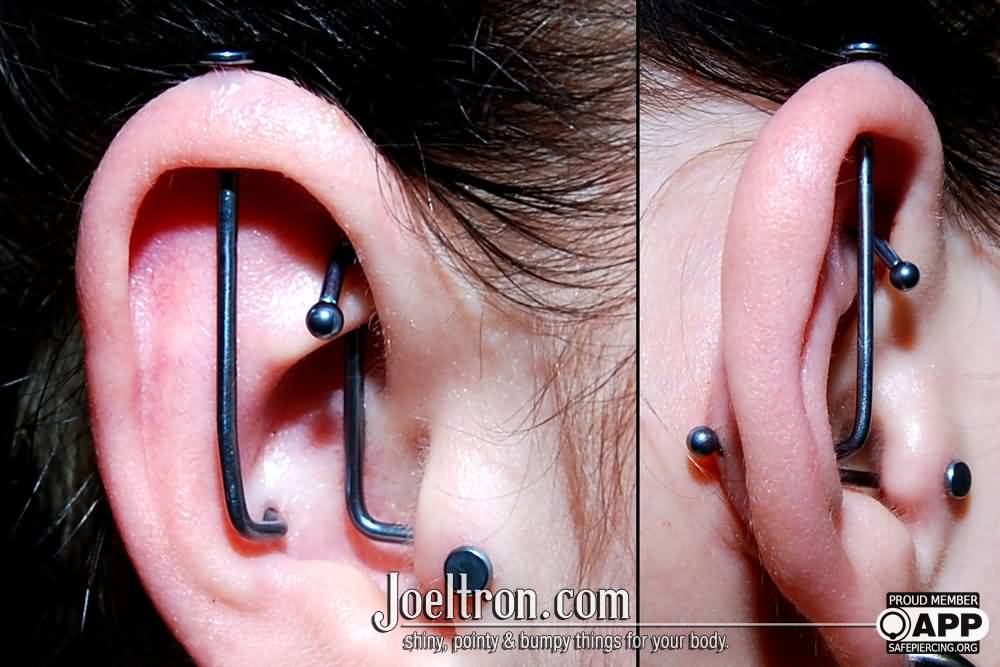 Vertical Custom Industrial Piercing On Right Ear