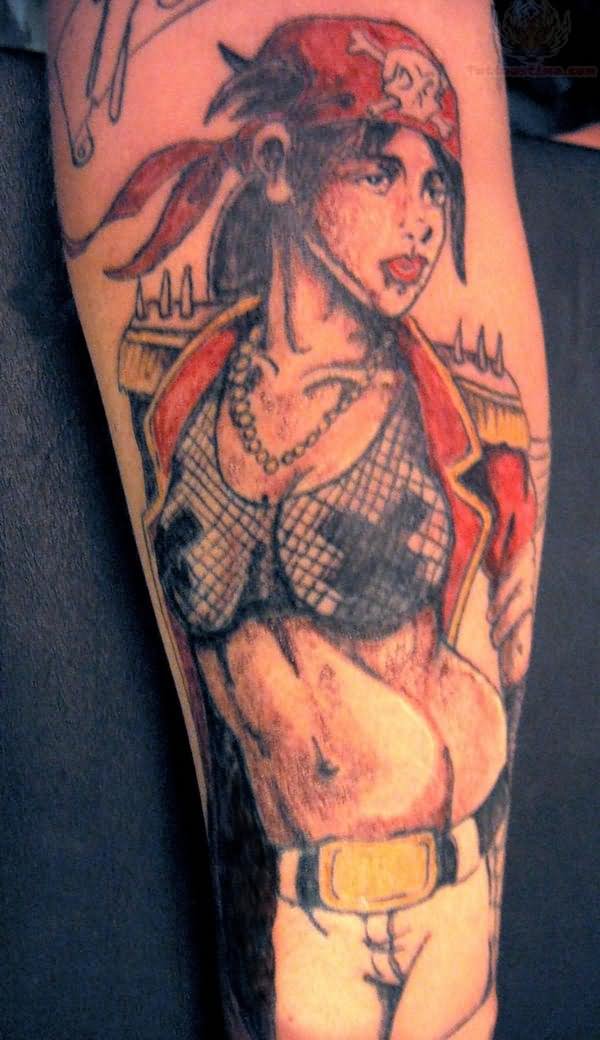 Very Nice Pirate Girl Tattoo On Sleeve