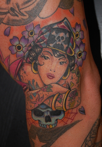 old School Pirate Girl With Skull Tattoo