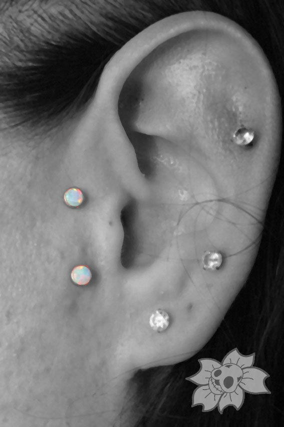 Left Ear Lobe And Opal Studs Surface Tragus Piercing