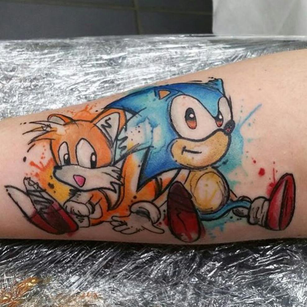 Lovely Watercolor Sonic And Tails Tattoo On Arm By Josiesexton