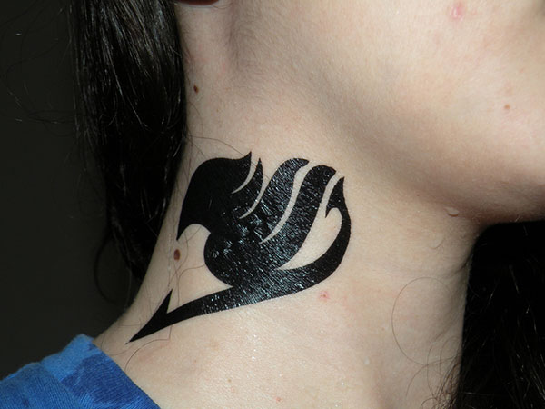 Black Ink Fairy Tail Tattoo On Side Neck