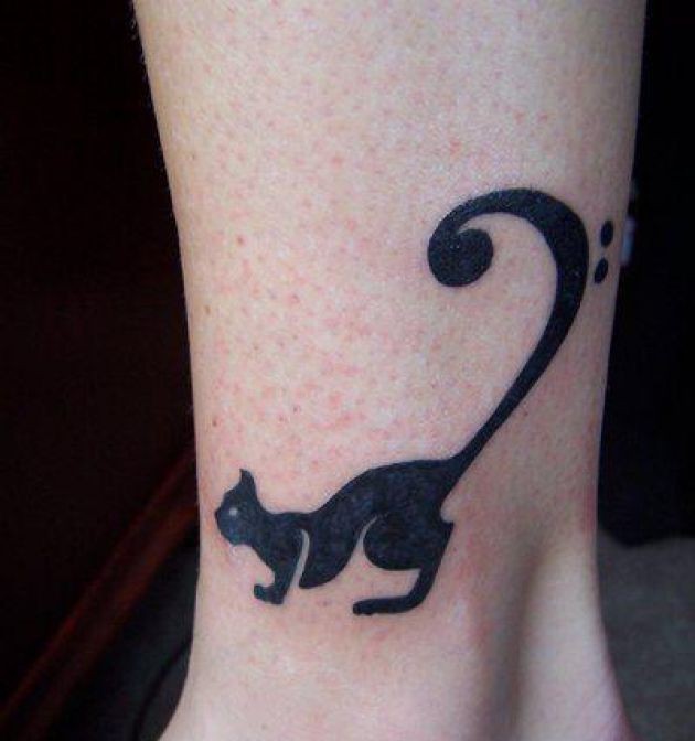 Cat With Long Tail Tattoo On Ankle