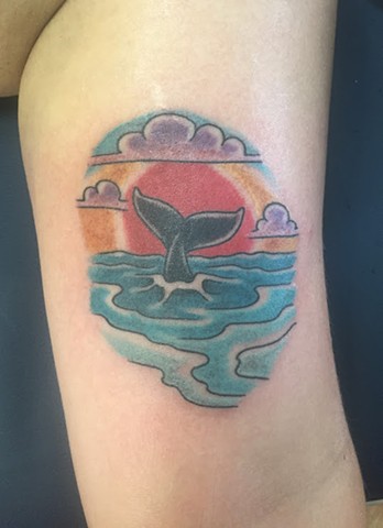 Colorful Whale Tail With Sea View Tattoo On Leg