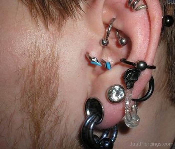 Multiple Left Ear Piercings And Stretched Lobe Piercing