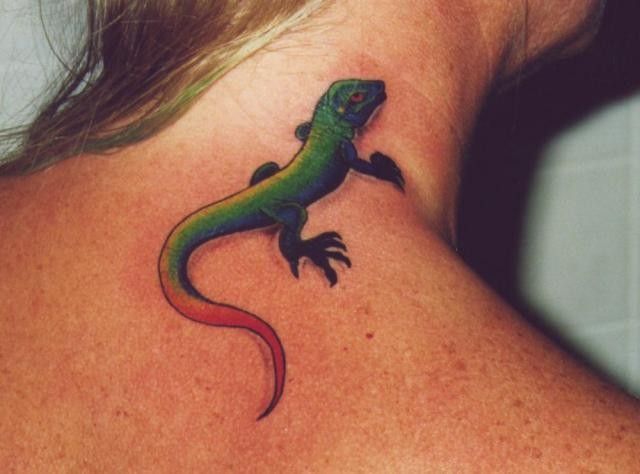 Nice Green Lizard With Red Tail Tattoo For Girls